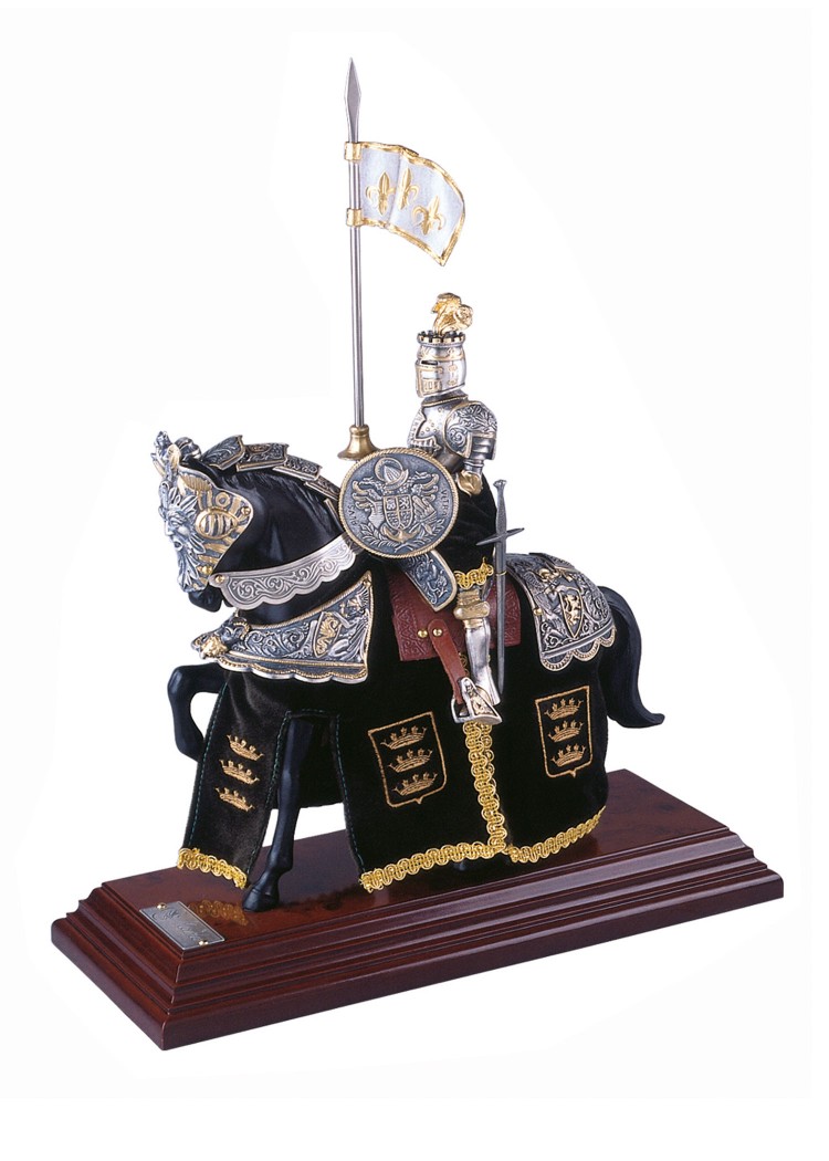 Miniatur Ritter auf Pferd Federhelm Schwarz